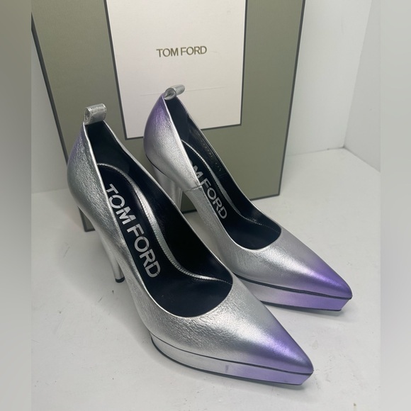 $1890 TOM FORD Women's Silver Laminated Leather Platform Pump Heel Shoes 37.5
